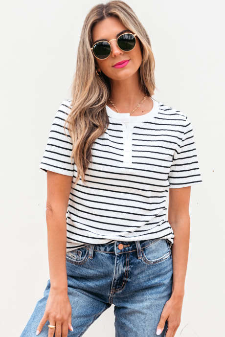 White Stripe Textured Short Sleeve Buttoned Henley Top