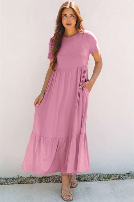 Robe longue rose unie avec t-shirt et poches, taille haute
