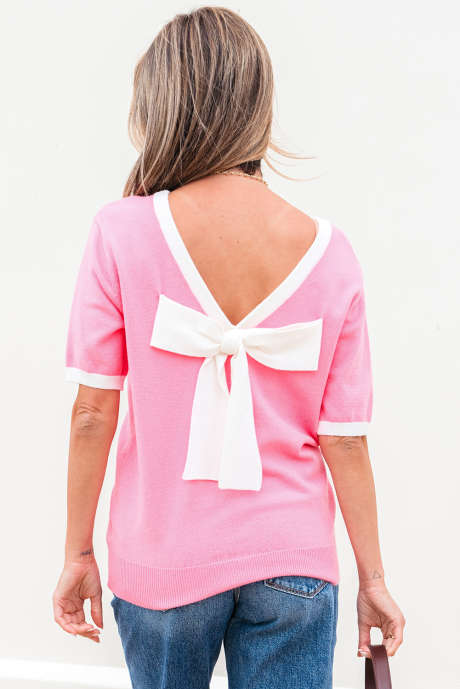 Bonbon Colorblock Bow V-Shape Cut Back Short Sleeve Sweater
