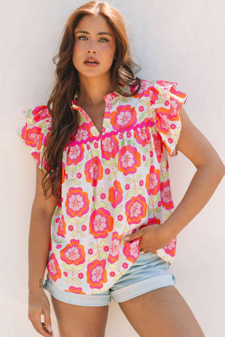 Lockere Bluse mit Rosen-Blumenmuster, Rüschenärmeln, Zickzack-Besatz und Schlitz am Ausschnitt