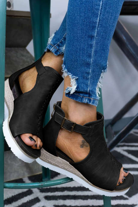 Svarte PU-sandaler med utskjæring og spennestropper