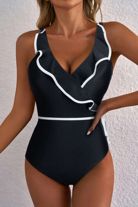 Maillot de bain cache-cœur à volants contrastés de couleur noire à col en V