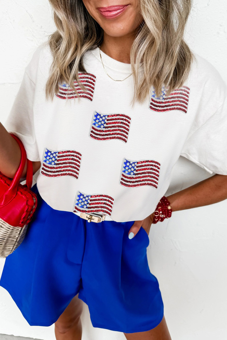 Valkoinen paljeteilla American Flag Patched Casual T-paita