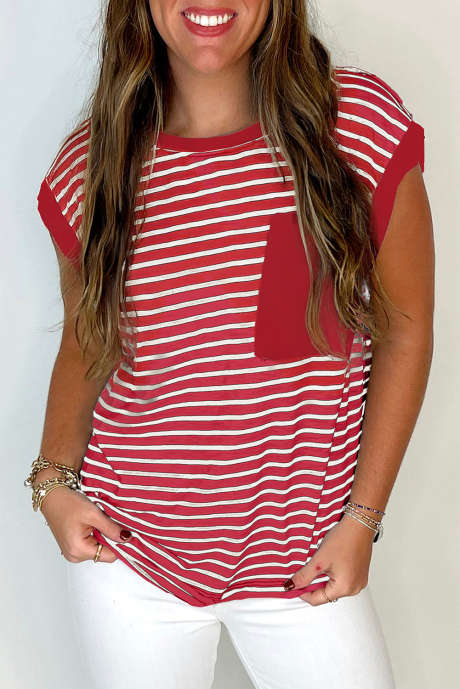 Rød stripe brystlomme-patch rund hals tank-topp