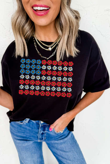 Black Cute Flowers Make Up American Flag Trendy Graphic T Shirt