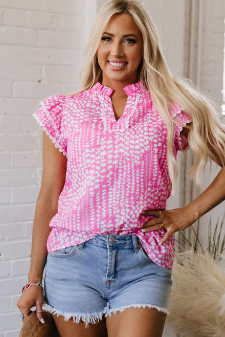 Blusa com estampa abstrata rosa Ric Rac Trim mangas esvoaçantes e decote em V