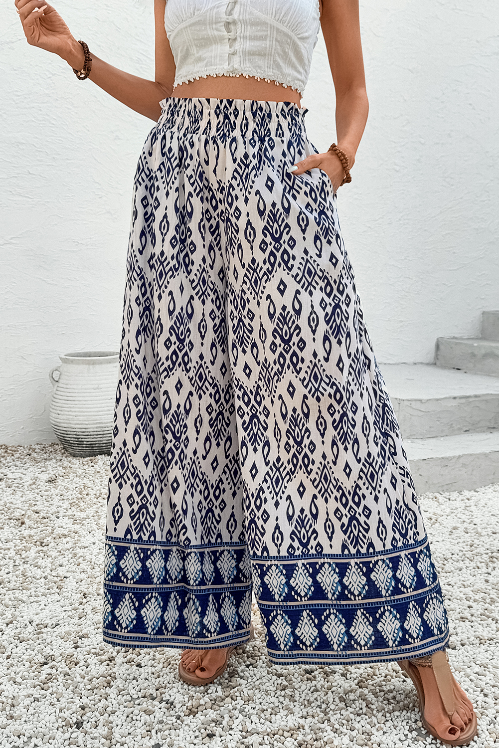 $9 Blue Boho Pattern Print High Waist Wide Leg Loose Pants