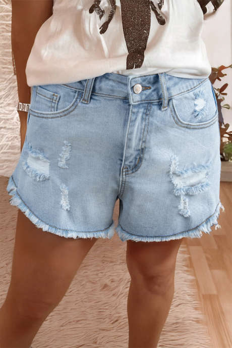 Short en jean bleu à taille haute et ourlet brut vieilli Beau