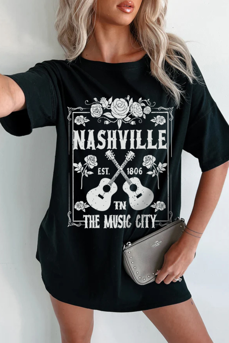 Camiseta túnica con gráfico de guitarra Black Rose de Nashville Music City