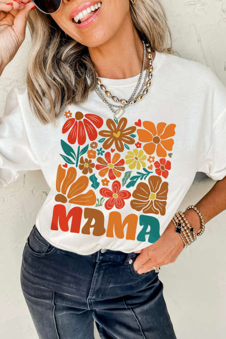 Bílé tričko MAMA Flower Graphic Crewneck