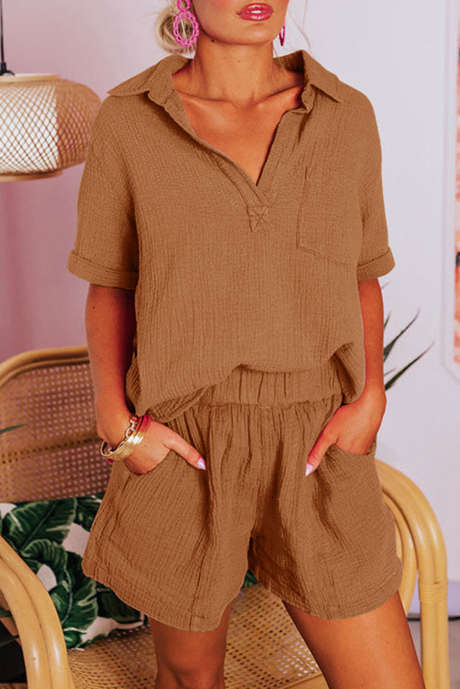 Chestnut Crinkle Textured Polo Shirt and High Waist Shorts Set