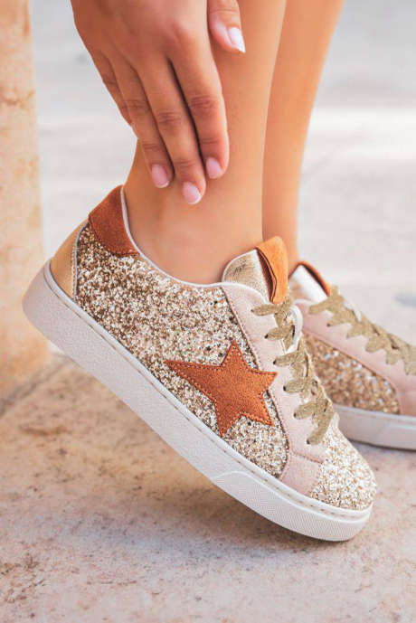 Sneakers con lacci e paillettes patchwork a stella dorata BH023703-P12