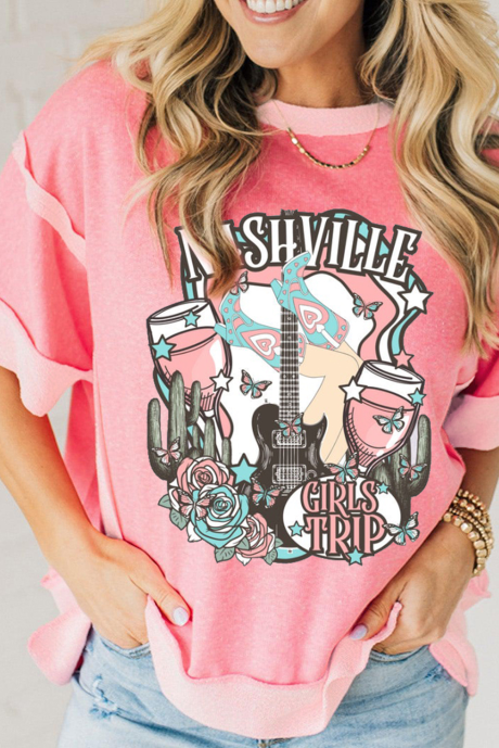 Peach Blossom Girls Trip Nashville Graphic Patchwork Luźny top z krótkim rękawem