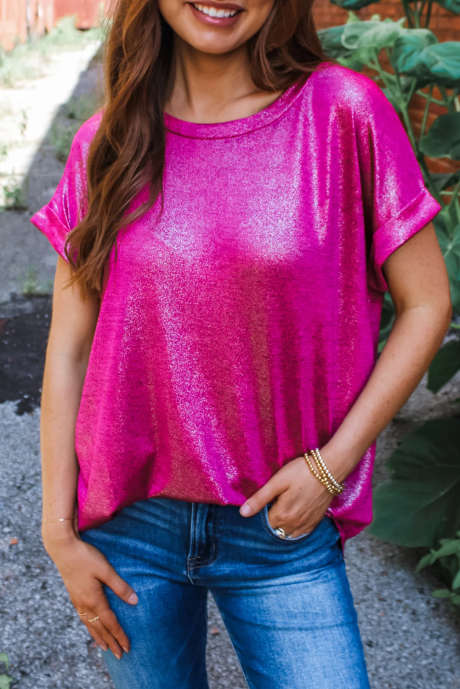 Festival Fuchsia Shine Shimmer Cuffed Short Sleeve Casual Top