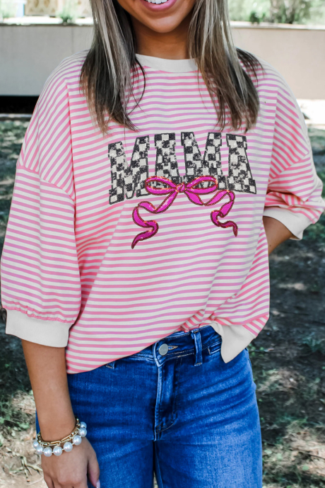 Růžové tričko MAMA s grafickým pruhovaným sklopeným ramenem s polovičním rukávem