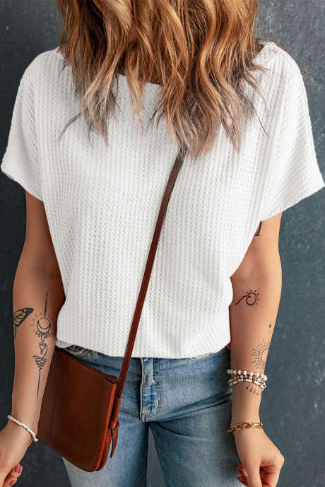 Bela majica s kratkimi rokavi in ​​ladijskim izrezom Waffle