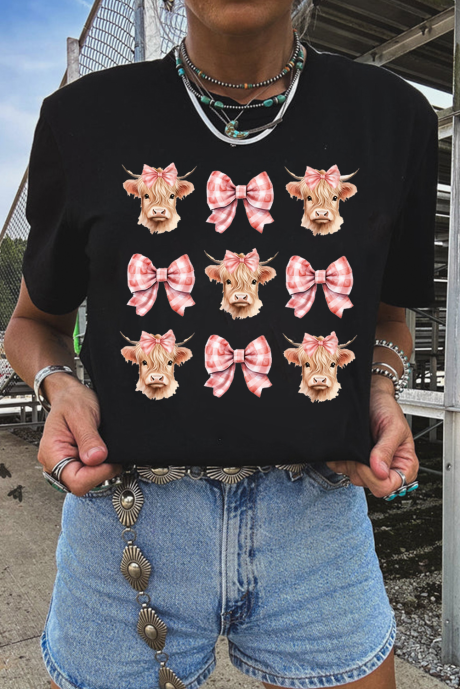 T-shirt western à col ras du cou avec motif vache noire et nœud