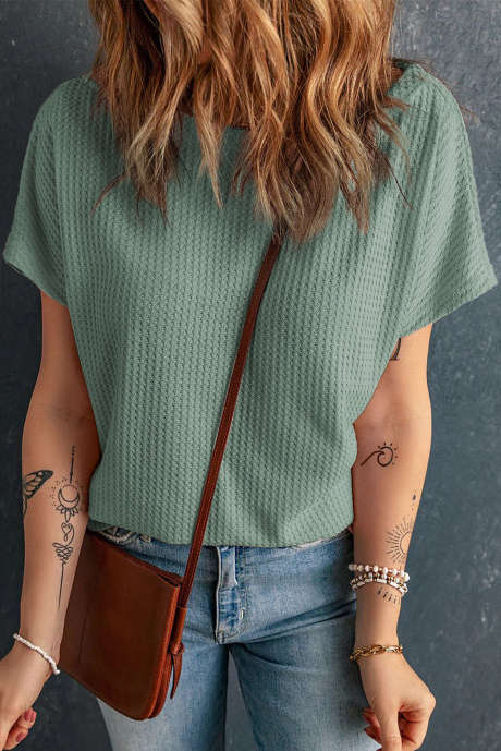 Mist Green Waffle Knit Boat Neck Short Sleeve Top LC25126129-P509