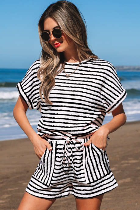 Black Stripe Knitted Short Sleeve Top and Drawstring Shorts Set