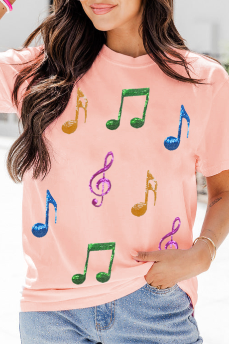 Camiseta informal con gráfico y notas musicales rosas
