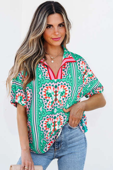 Blusa com decote em V e estampa abstrata Boho verde-marinho e listras contrastantes