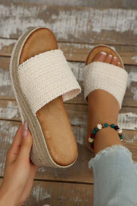 White Woven Wide Band Platform Slippers BH024034-P101