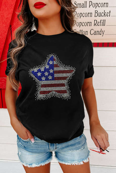 T-shirt graphique inspiré du drapeau noir avec étoiles en strass