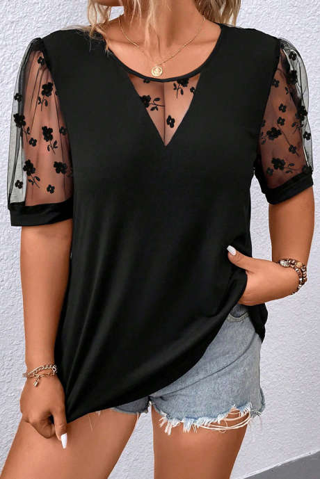 T-shirt ample col V noir en maille florale patchwork grande taille