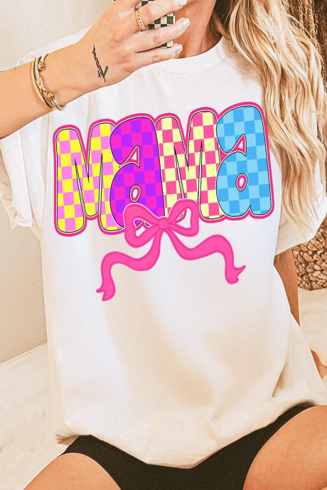 Bílé tričko MAMA s kostkovaným potiskem a mašlí