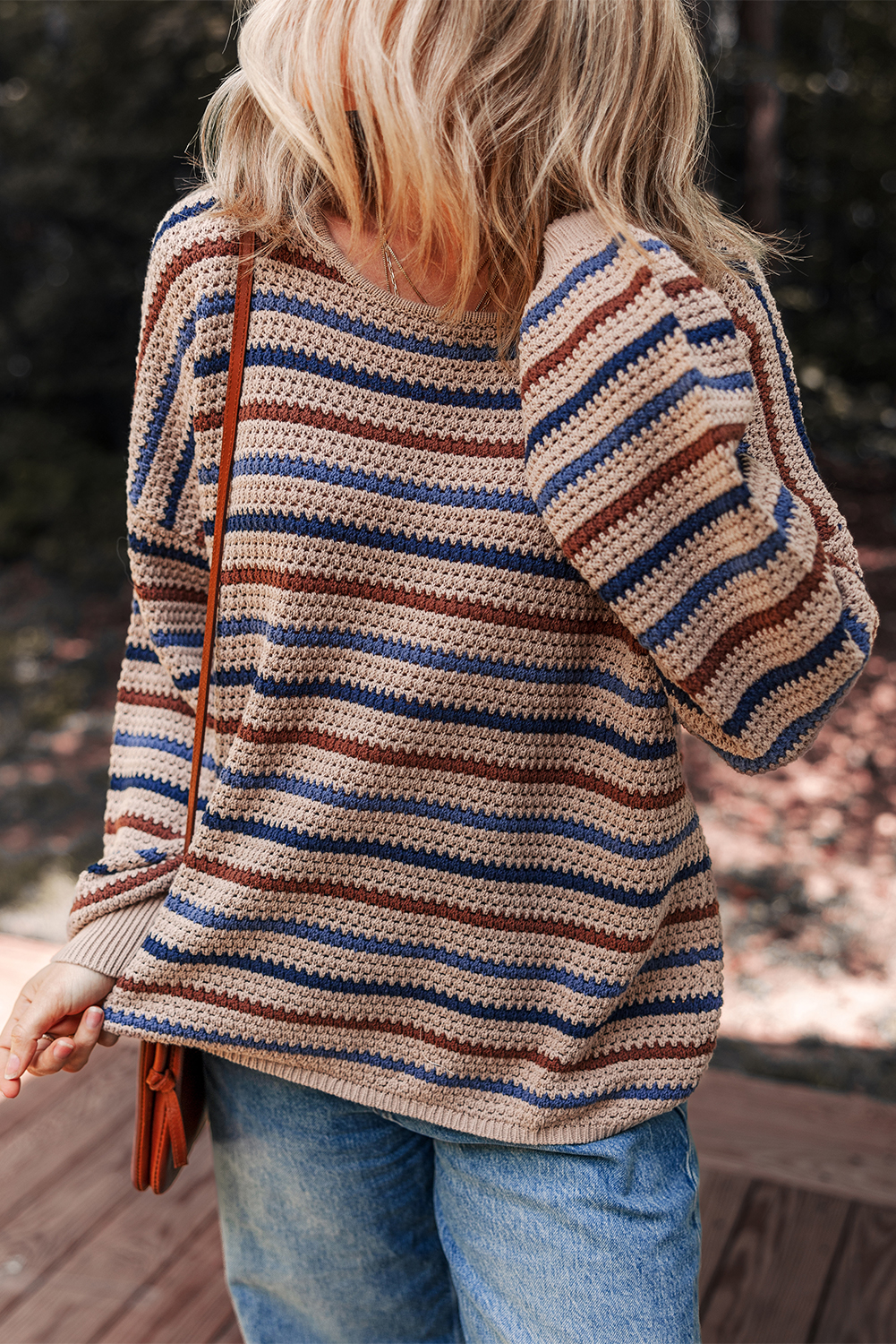 $9.94 Multicolour Striped Knitted Drop Shoulder Round Neck