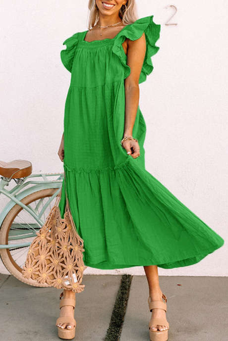 Green Ruffled Flutter Sleeve Square Neck Textured Tiered Maxi Dress LC6119068-P9