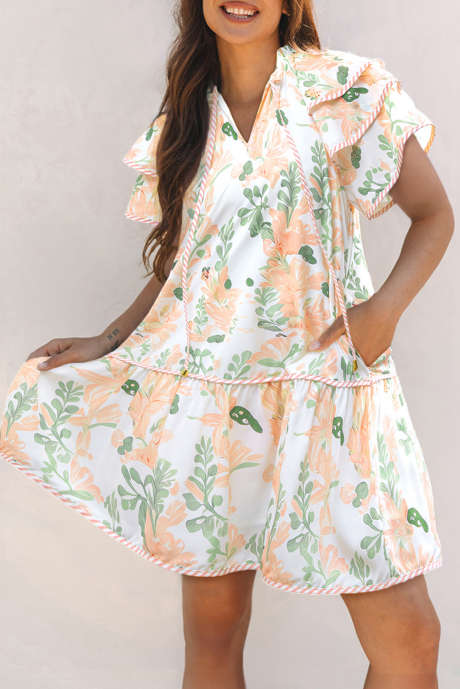 Orangefarbenes, kurzärmliges Minikleid mit Blumenmuster und Kontrastsaum