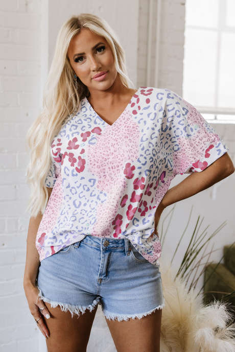 Roze gemengde luipaardprint V-hals korte mouw blouse