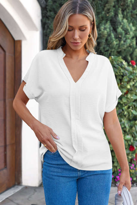 Blusa ligera blanca con cuello de muesca y mangas murciélago LC25124968-P1