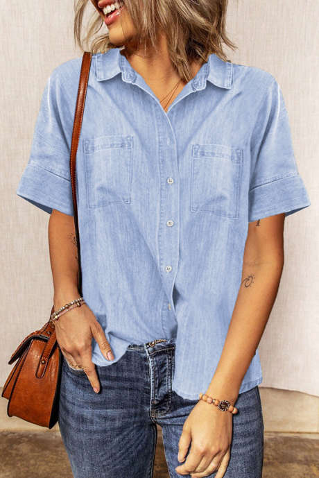Camicia in denim a maniche corte con colletto rovesciato, colore azzurro cielo-3 LC255917-204
