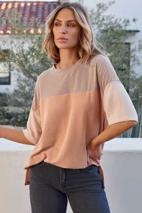 Top de media manga con aberturas laterales, color beige francés claro, rosa, acanalado, LC25223498-P4016