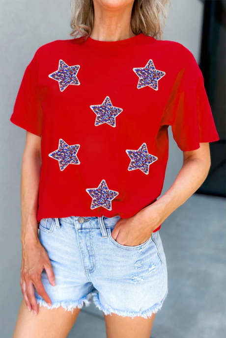 Camiseta vermelha com estampa de estrela e lantejoulas da moda 4 de julho