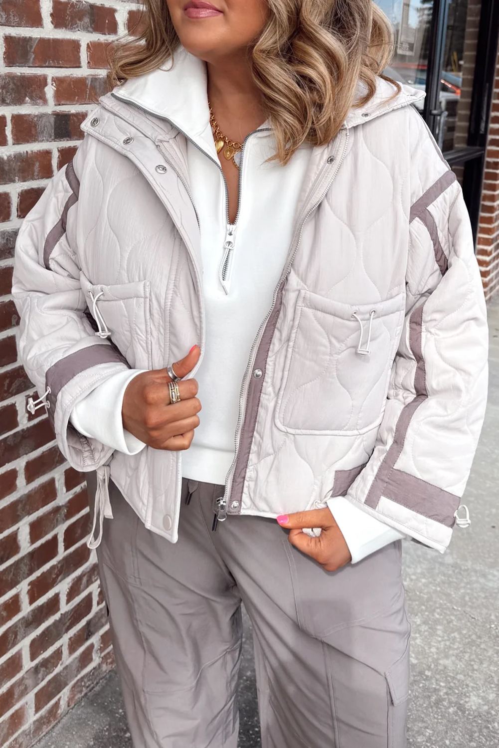 $16.98 Jet Stream Color Contrast Button Zipper Quilted Puffer Jacket ...