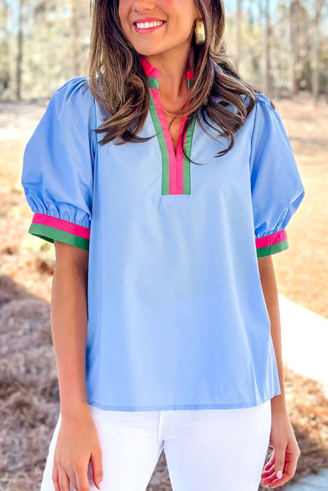 スカイブルー コントラストストライプ Vネック コリジョン ショートパフスリーブ ブラウス LC25131671-P304