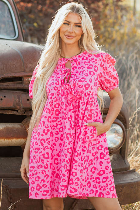 ローズ レオパード パフスリーブ タイフロント ハイウエスト ミニドレス