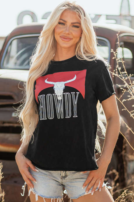 Μαύρο μπλουζάκι Western HOWDY Steer Head Print πλαϊνές σχισμές Loose Fit T