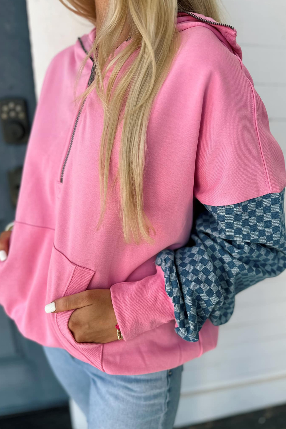 $9.89 Bonbon Checkered Patchwork Kangaroo Pocket Half Zipper