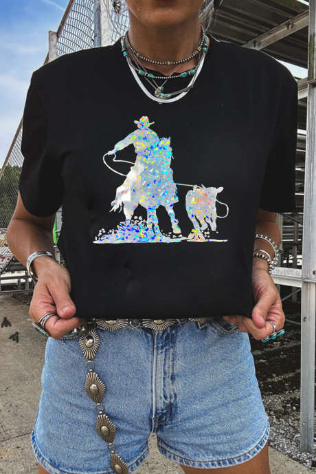 T-shirt ras du cou à motif western cowboy noir au laser