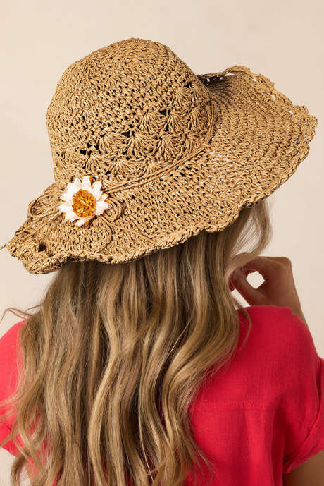 Camel Sunflower Decor Straw Woven Wide Brim Bucket Hat BH043029-P1016