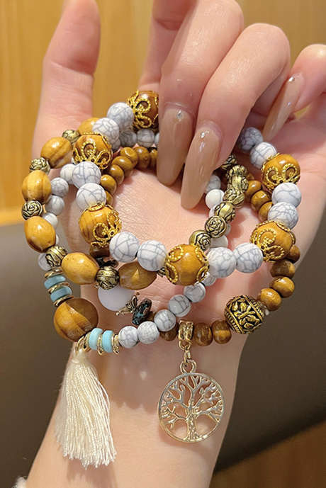 Thai Curry Boho Tassel Beaded Multi Layer Bracelet Set