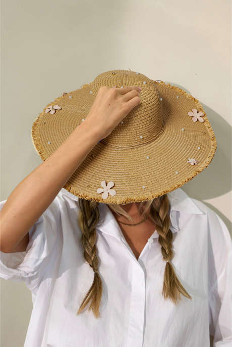 Camel Flower Beaded Bow Tie Wide Brim Straw Woven Hat BH043033-P1016