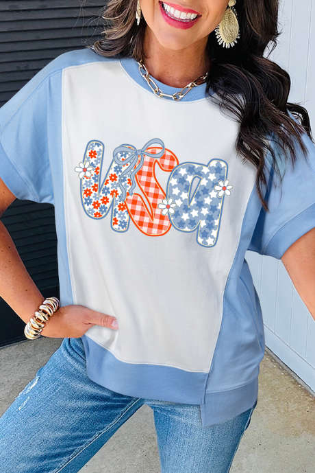Sky Blue Star Plaid Flower USA Graphic Color Block Crewneck T Shirt