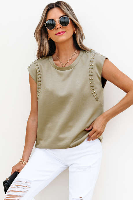 Sage Green Studded Cap Sleeve Round Neck T Shirt