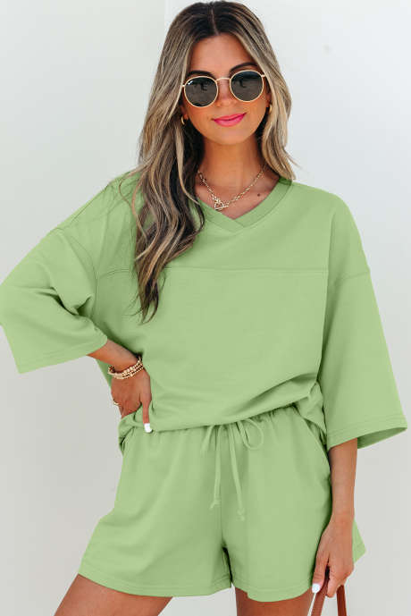 Meadow Mist Green Solid Loose V Neck Half Sleeve Tee and Shorts LC627370-P2009