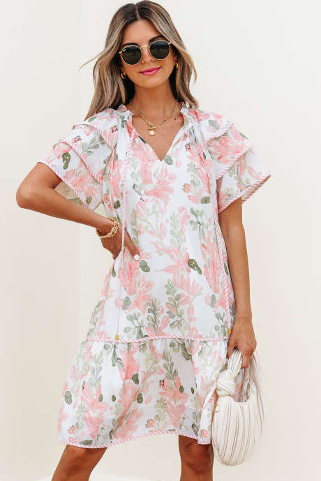 Pink Floral Contrast Edge Layered Short Sleeve Mini Dress LC6124822-P1020